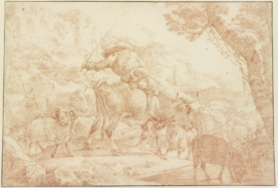 Ein auf einem Ochsen reitender Hirte treibt seine Herde heimwärts a Johann Heinrich Roos