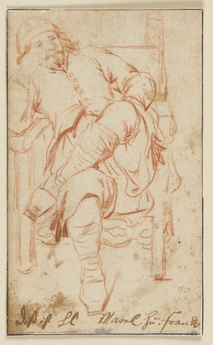 Ein Mann mit übereinandergeschlagenen Beinen auf einem Stuhl sitzend a Johann Heinrich Roos