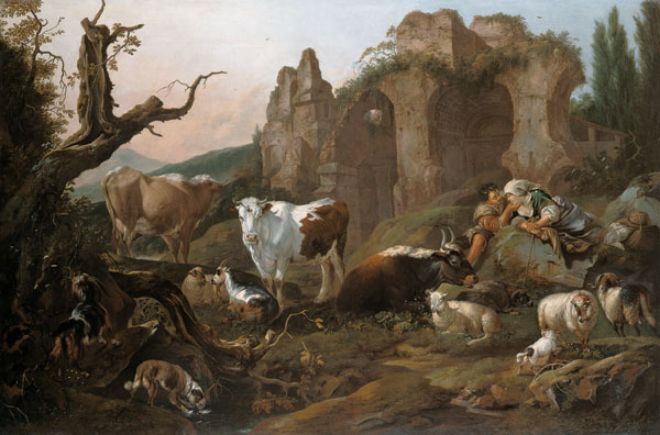 Farm animals in a landscape a Johann Heinrich Roos