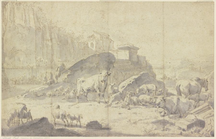 Herde von Ziegen, Schafen, Kühen und Pferden in einer italienischen Berglandschaft mit Ruinen a Johann Heinrich Roos