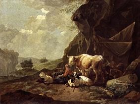 Shepherds and herds under rocks a Johann Heinrich Roos