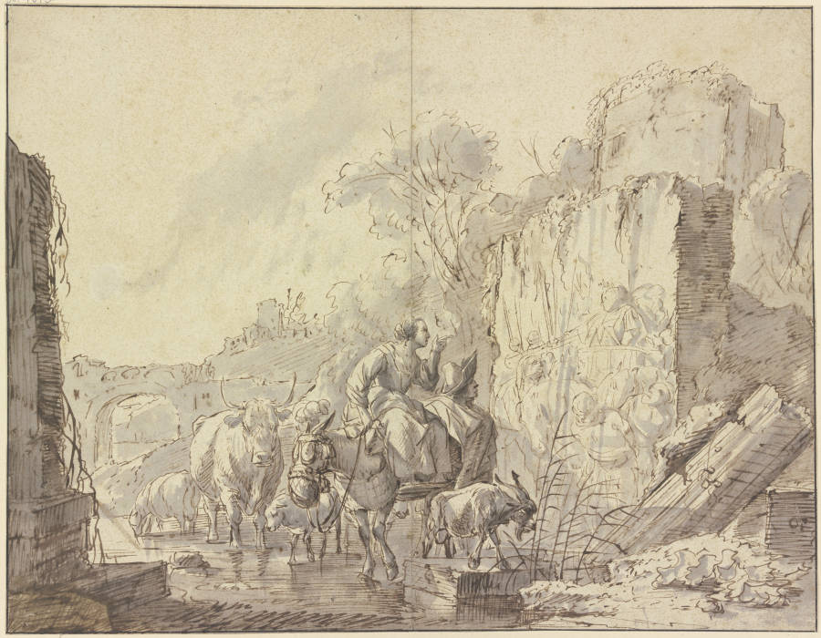 Hirtin und Hirte mit ihrer Herde in einer Ruinenlandschaft, ein antikes Fresko betrachtend a Johann Heinrich Roos