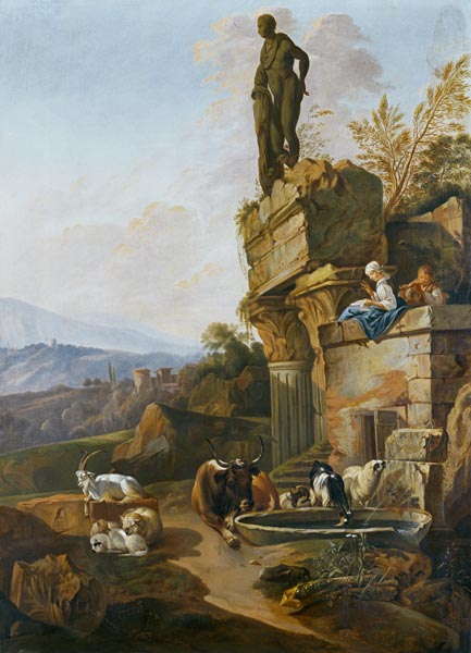 Landschaft mit Tempelruine in Abendstimmung a Johann Heinrich Roos