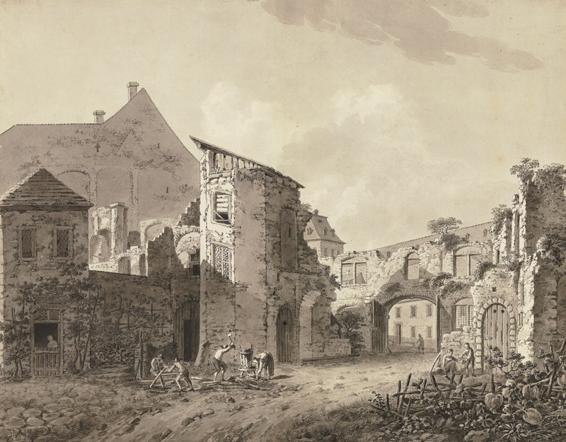 Wohnbauten zwischen Ruinen, vorne vier Figuren beim Zersägen und Hacken von Holz a Johann Heinrich Troll