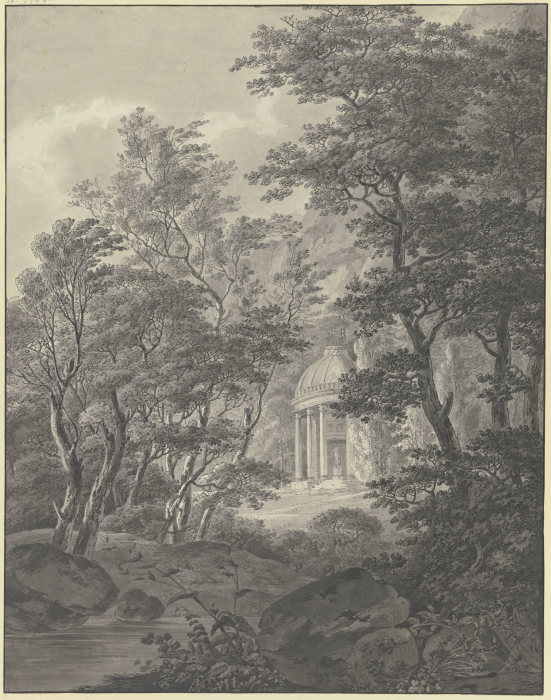 Blick durch die Bäume eines Parks auf ein klassizistisches Tempelchen a Johann Heinrich Troll