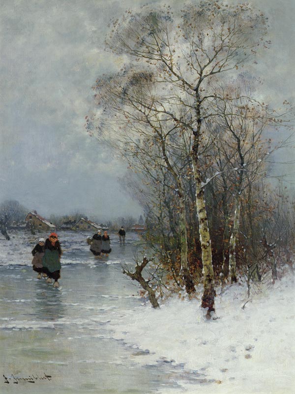 Girls Walking on a Frozen River a Johann II Jungblut