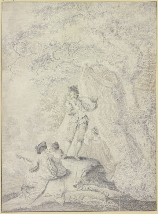 Ruhendes Paar unter einem Zelt an einem Eichenbaum, links eine Lautenspielerin mit zwei jungen Fraue a Johann Jacob Ebersbach