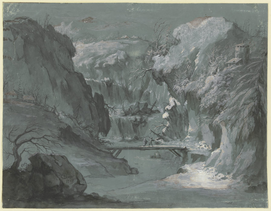 Tiefe Gebirgsschlucht mit einem Wasserfall, in der Mitte ein Steg, über den zwei Personen gehen a Johann Jakob Dorner d. Ä.