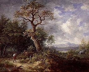 Woodland landscape with hiker and dog. a Johann Jakob Dorner il Giovane