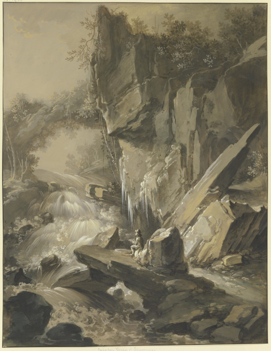 Wasserfall, im Vordergrund ein Maler a Johann Jakob Schillinger