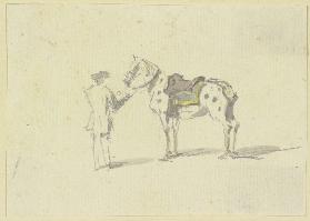 Ein Mann in Rückenansicht hält ein geflecktes Pferd am Zügel