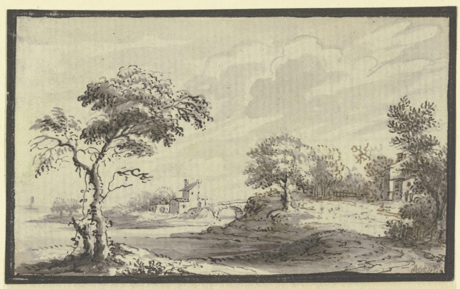 Hügelige Landschaft mit Fluß, Bäumen und Häusern a Johann Ludwig Aberli