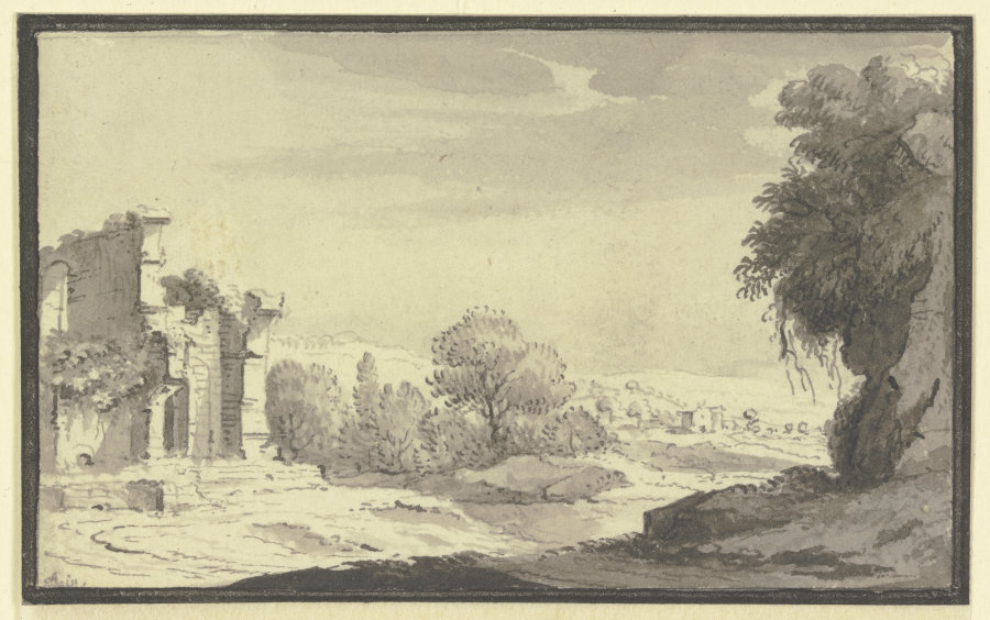 Landschaft mit einer Ruine links im Vordergrund a Johann Ludwig Aberli