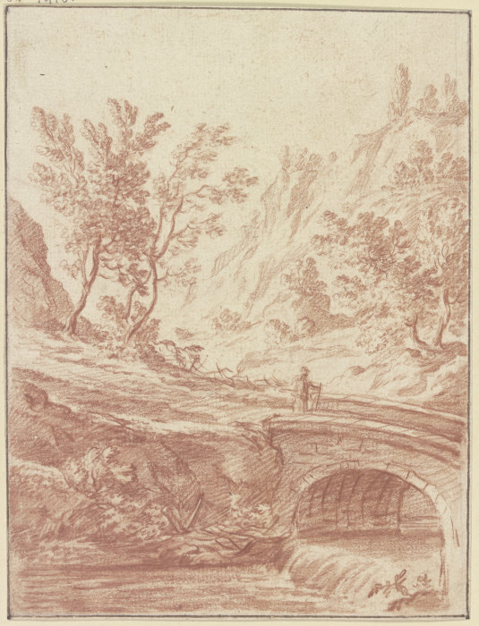 Baumbestandenes Tal, im Vordergrund ein Bach, über den eine Brücke führt a Johann Ludwig Ernst Morgenstern