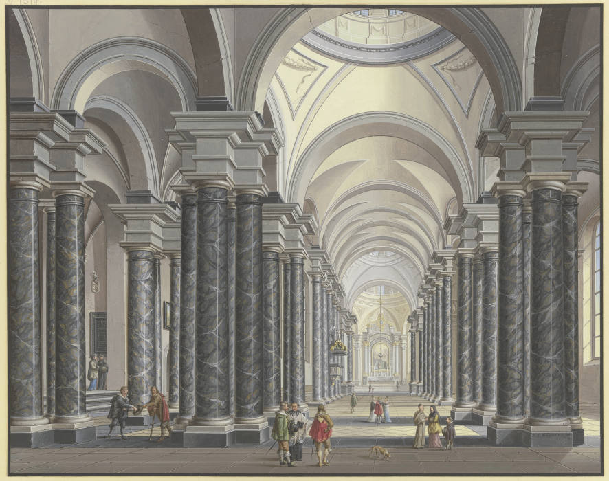 Blick in das Innere einer Barockkirche mit schwarzen Marmorsäulen und Staffagefiguren in der Tracht  a Johann Ludwig Ernst Morgenstern