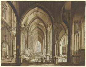 Inneres einer dreischiffigen gotischen Hallenkirche mit Blick auf den Chor