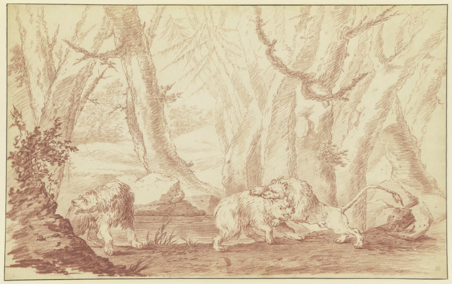 Zwei Bären, der eine von einem Löwen angegriffen a Johann Ludwig von Pfeiff