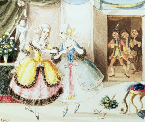Fiordiligi and Dorabella watched from the doorway by Don Alfonso, Ferrando and Guglielmo, from 'Cosi a Johann Peter Lyser