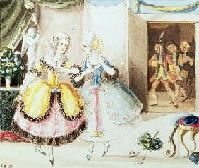 Fiordiligi and Dorabella watched from the doorway by Don Alfonso, Ferrando and Guglielmo, from 'Cosi