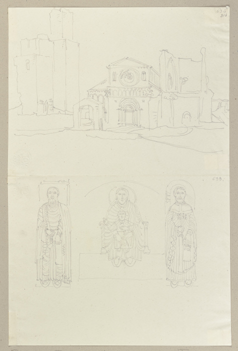 Ansicht der Kirche San Pietro in Tuscania sowie Relieffiguren an der Fassade von Santa Maria Maggior a Johann Ramboux