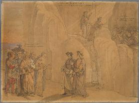 Dante, an eine Felswand gelangt, begegnet Manfred, dem ehemaligen König von Apulien und Sizilien, de