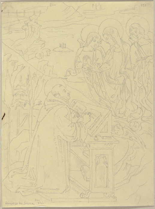 Ein Heiliger am Schreibpult hat eine Vision von der von zwei Engeln begleiteten Maria a Johann Ramboux