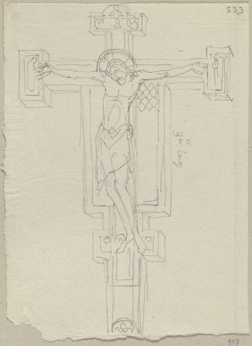 Kruzifix aus Holz, Entwurf desselben im Chor von Santa Chiara zu Assisi a Johann Ramboux