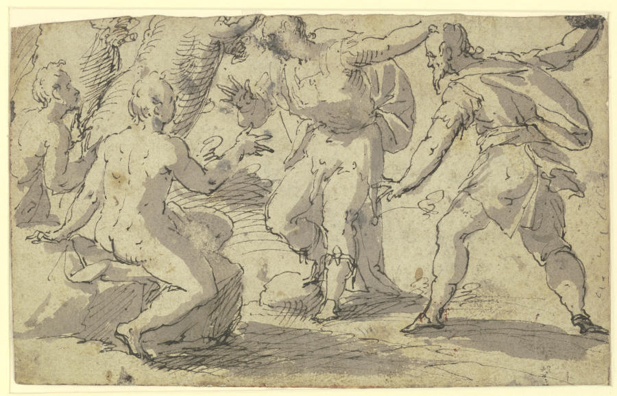 Zwei Nackte und zwei Bekleidete in lebhafter Unterhaltung (VErspottung Hiobs?) a Johann Rottenhammer