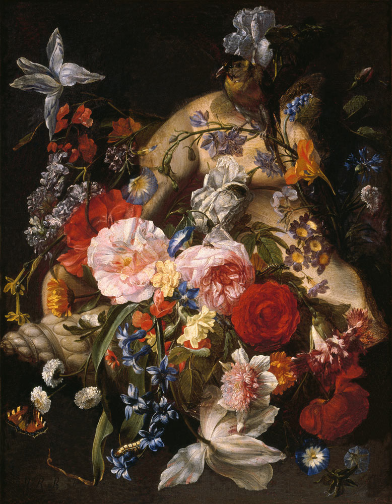 Stillleben mit Blumen in einer exotischen Muschel a Johann Rudolf Byss