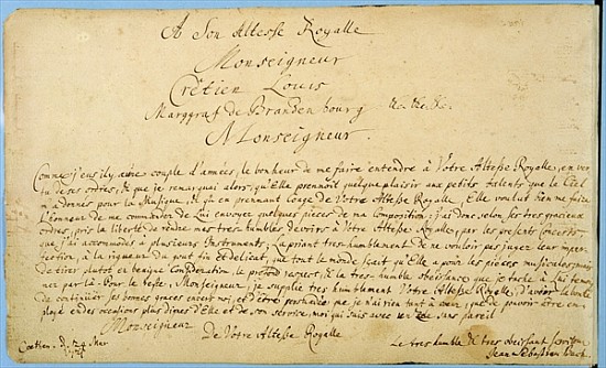 Handwritten dedication of ''Brandenburger Concertos'' to Christian Ludwig, Margrave of Brandenburg 2 a Johann Sebastian Bach