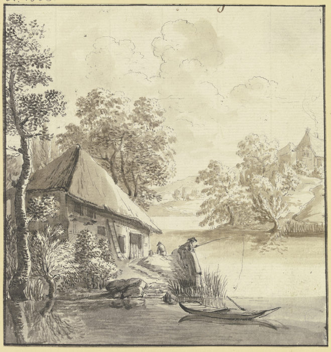 Bauernhaus am Wasser, davor ein Angler a Johann Ulrich Schellenberg
