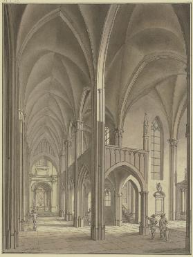 Blick in eine gotische Kirche mit Staffagefiguren in Kostümen des 17. Jahrhunderts