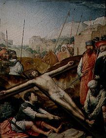 Christ is nailed onto the cross. a Johann von Flandern