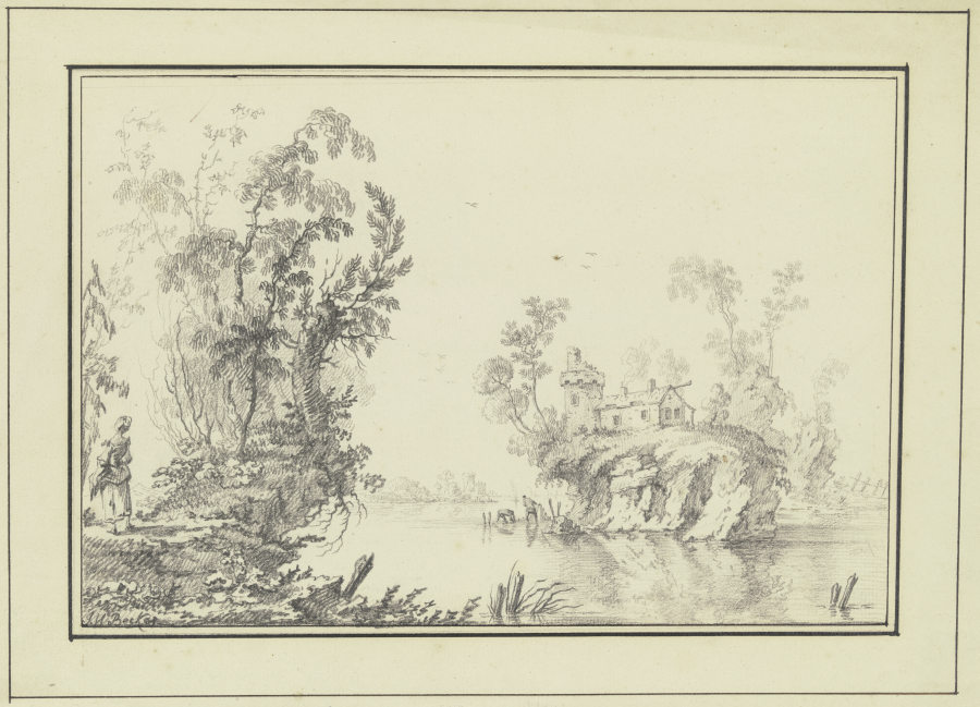 Ein Fluß, darin eine Felseninsel mit Turm, Haus und Bäumen a Johann Wilhelm Becker