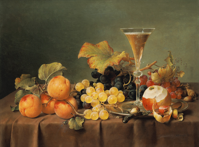 Früchtestilleben with champagne glass. a Johann Wilhelm Preyer