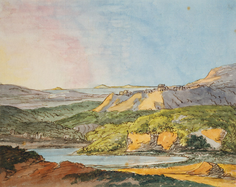 Südliche Landschaft am Meer mit bewaldeten Hügeln und einem Gewässer im Vordergrund a Johann Wolfgang von Goethe