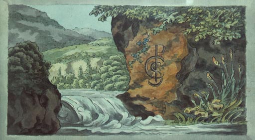 Berglandschaft mit Stromschnelle und Initialen der Empfaengerin des Stammbuches a Johann Wolfgang von Goethe