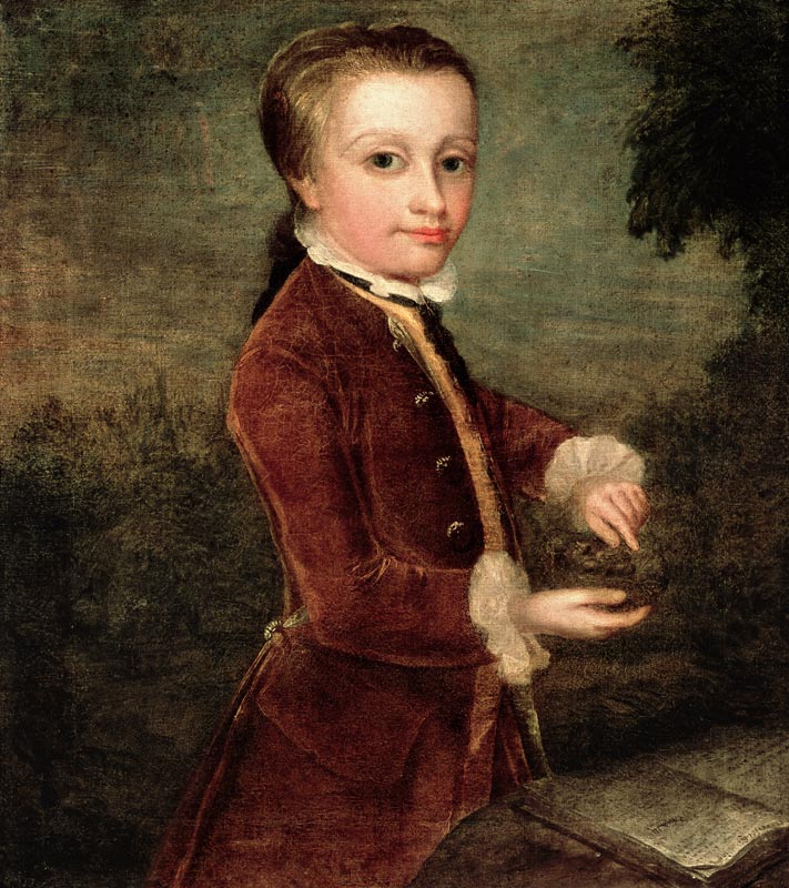 Portrait of Wolfgang Amadeus Mozart (1756-91) aged eight, holding a bird's nest a Johann Zoffany