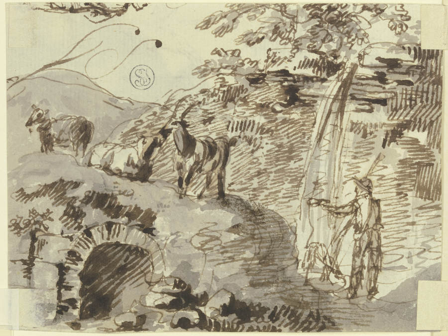 Ein Hirte mit drei Ziegen, Wassser schöpfend a Johann Andreas Herrlein