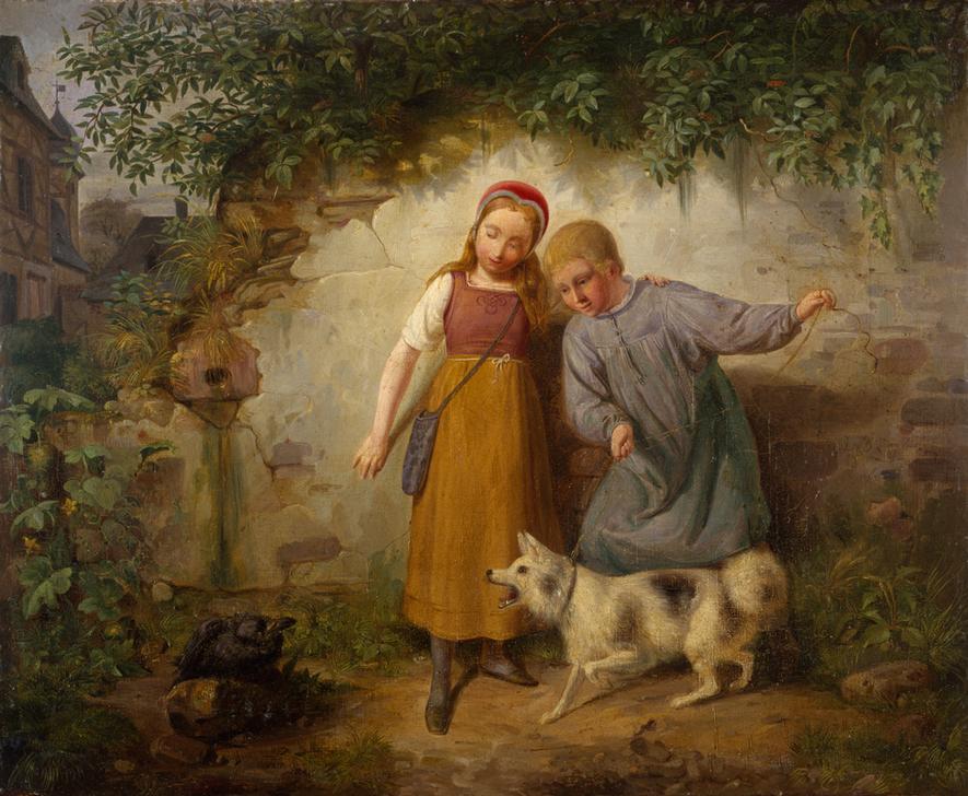 Zwei Kinder mit einem Spitz a Johann Baptist Zwecker