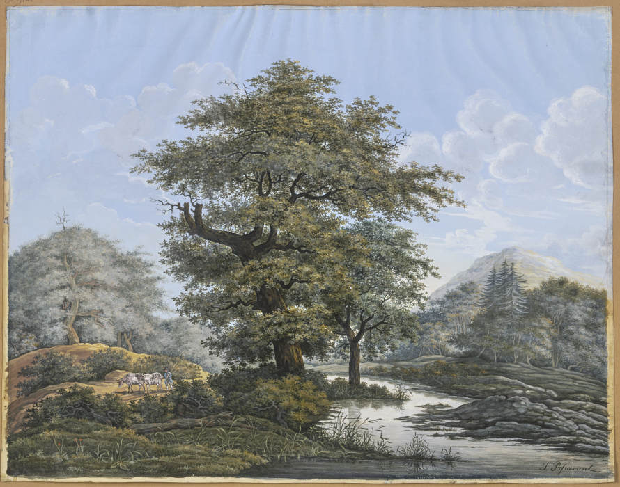 Baumreiche Landschaft, in der Mitte eine Eiche am Ufer eines Flusses a Johann David Passavant
