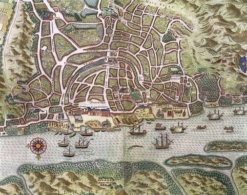 Map of the City and Portuguese Port of Goa, India, detail of port and merchant shipping, 1595 (engra a Johannes Baptista van, the Younger Doetechum