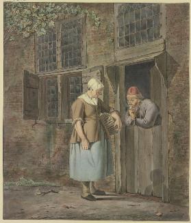 An einer Haustür spricht ein rauchender Mann mit einer Frau, die einen Korb trägt
