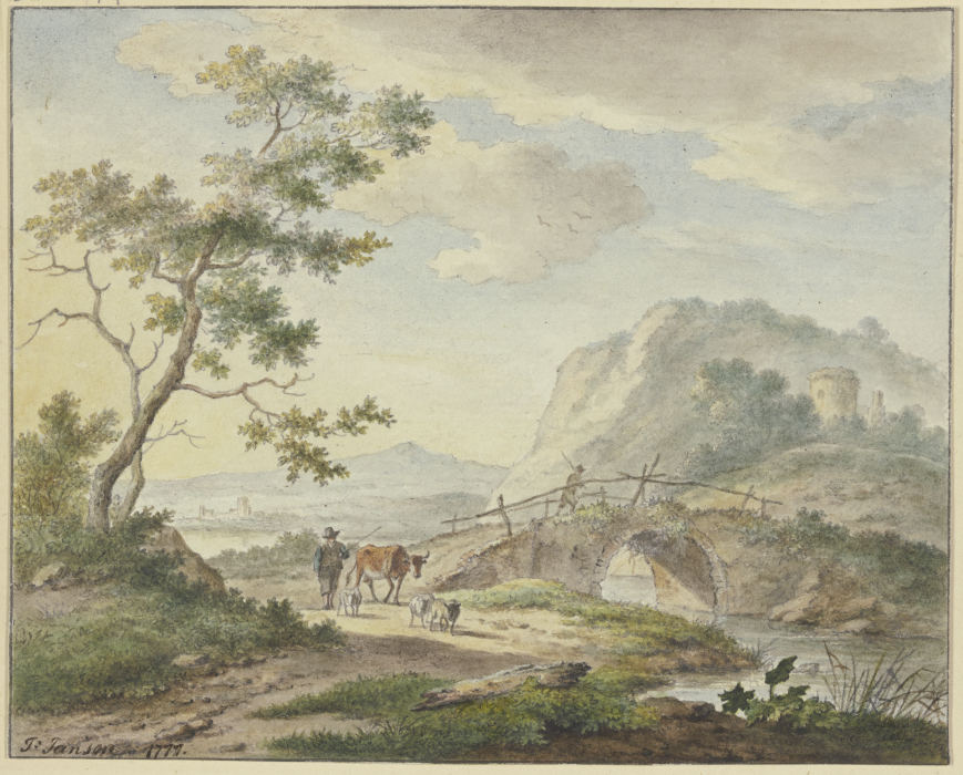 Über eine steinerne Brücke geht ein Mann, auf dem Weg ein Bauer mit einer Kuh und Schafen a Johannes Christiaan Janson