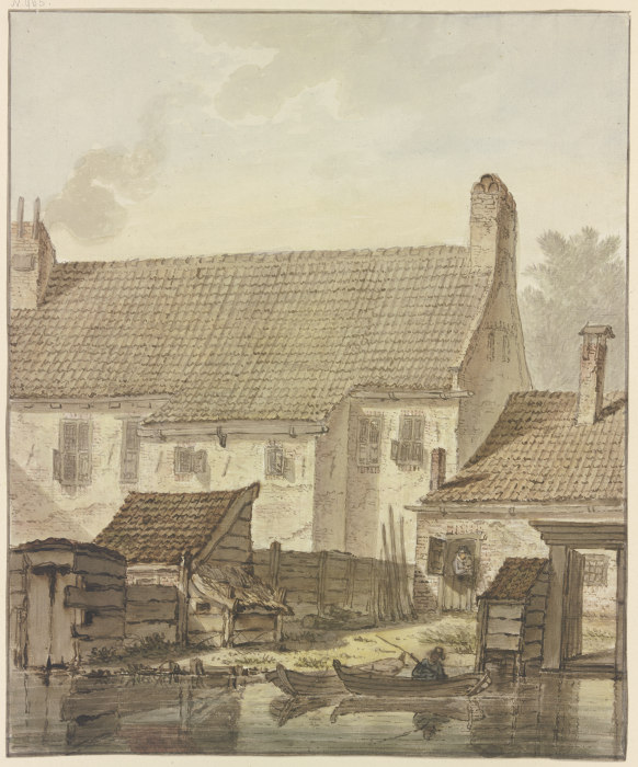 Häuserzeile am Wasser, vorne zwei Kähne mit einem Angler a Johannes Hendrik Knoop