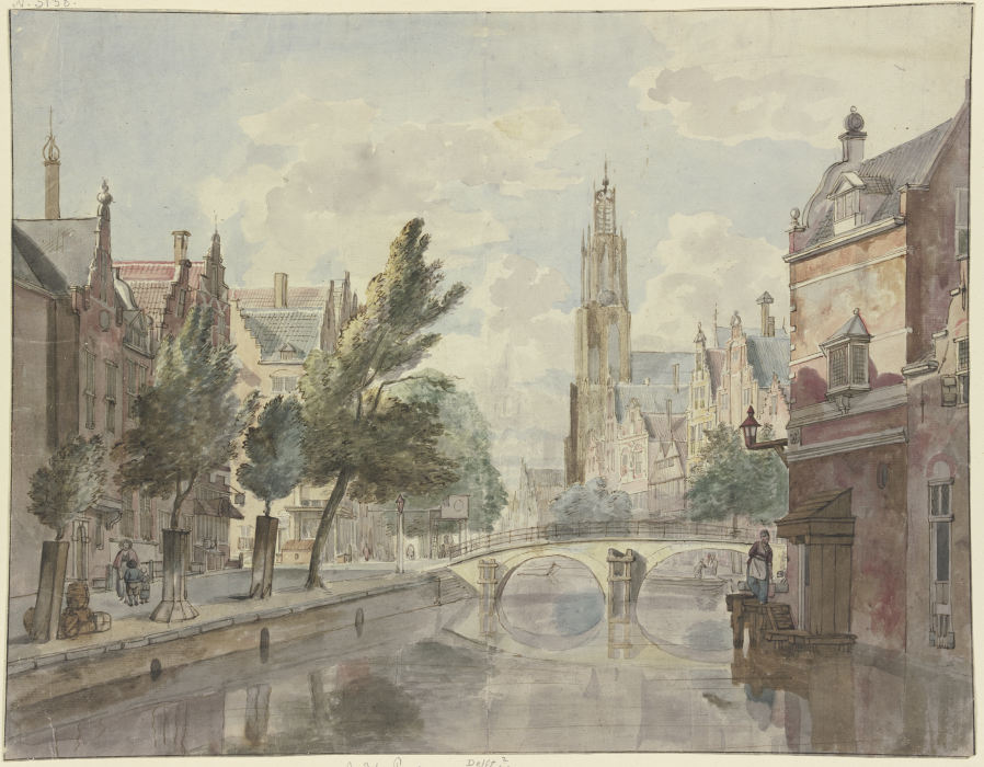 Steinbrücke über einen Kanal, im Hintergrund eine Kathedrale, rechts am Haus eine Laterne a Johannes Huibert Prins