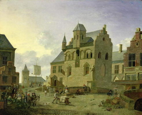 Town square with figures and peasants trading in a market place (panel) a Johannes Huibert Prins