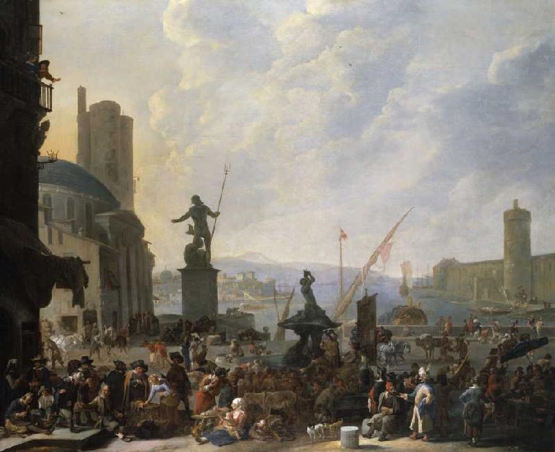 Ein Capriccio eines mediterranen Hafens mit zahlreichen Figuren, Berninis Triton-Brunnes und ein Cap a Johannes Lingelbach
