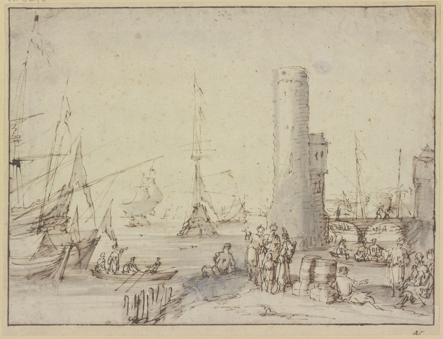 Ein Hafen mit einem Leuchtturm, im Vordergrund figürliche Staffage, unter anderem eine Gruppe von zw a Johannes Lingelbach