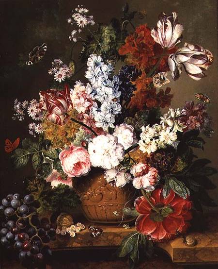 Fruit and Flowers on a Marble Ledge a Johannes or Jacobus Linthorst